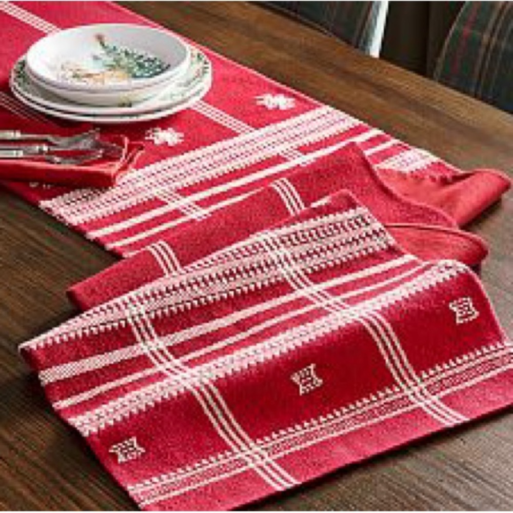 New Pottery Barn Embroidered Mia Yarn Dyed Table Runner, Red/Ivory, 18x108